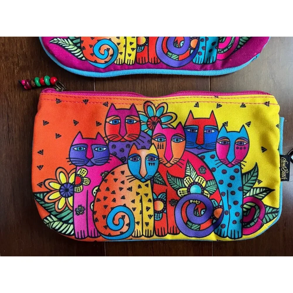 Laurel Burch Feline Clan Makeup Bag Set 2 Pouches Colorful Cats NWT